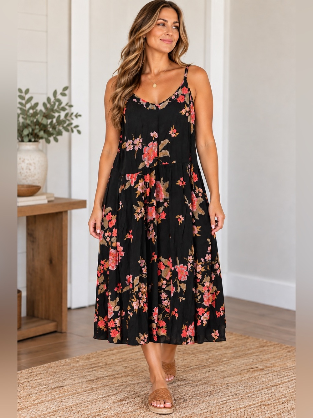 torrid Black Floral Midi Dress with Coral & Pink Blooms